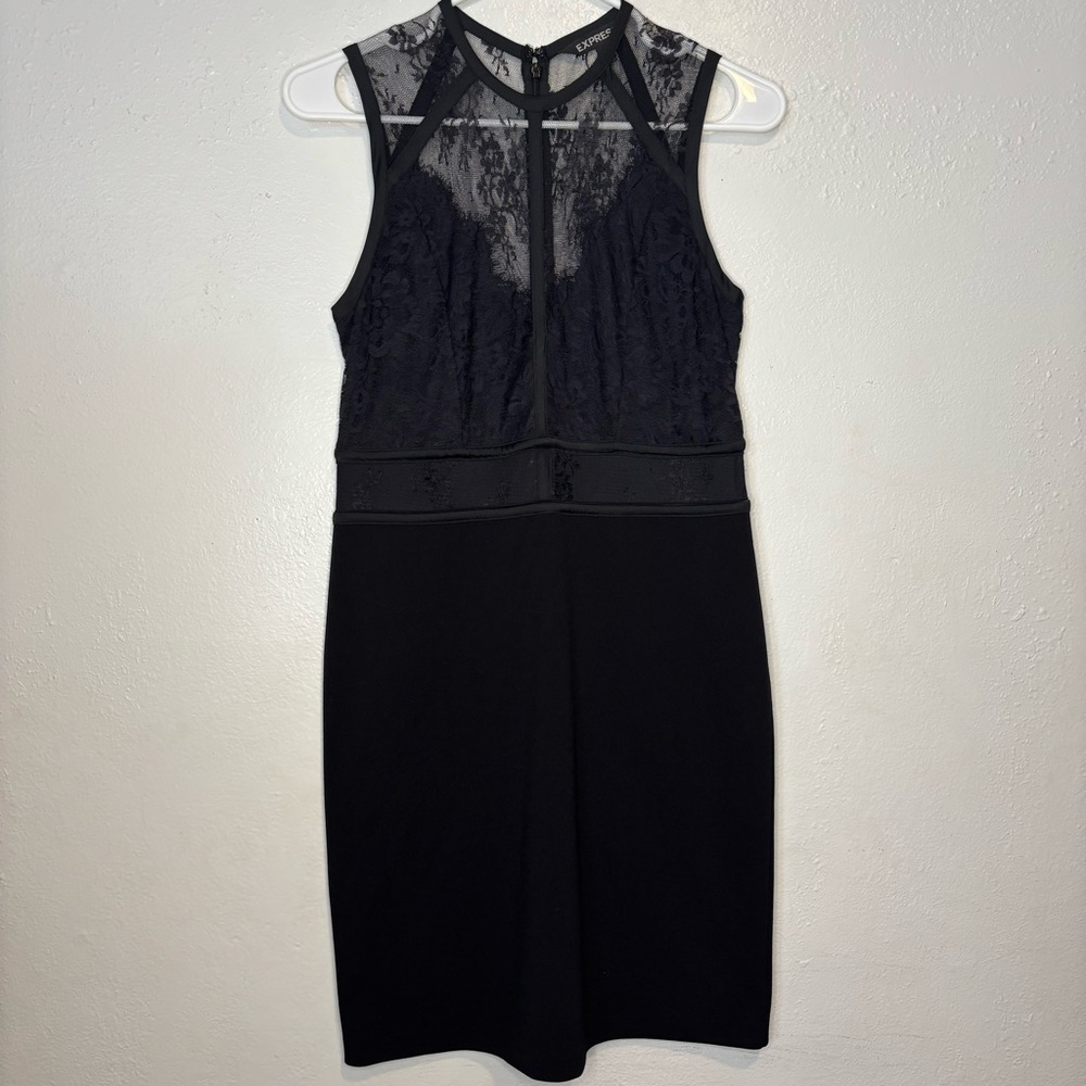 Floral Lace Illusion Bodycon Dress EUC Sz 8 Express Black Sheer Sleeveless Tight